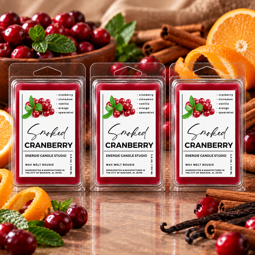 Three packaged cranberry-scented wax melts labeled 'Smoked Cranberry' by Energie Candle Studio, arranged on a reflective surface with cranberries, oranges, cinnamon sticks, and vanilla beans around them.