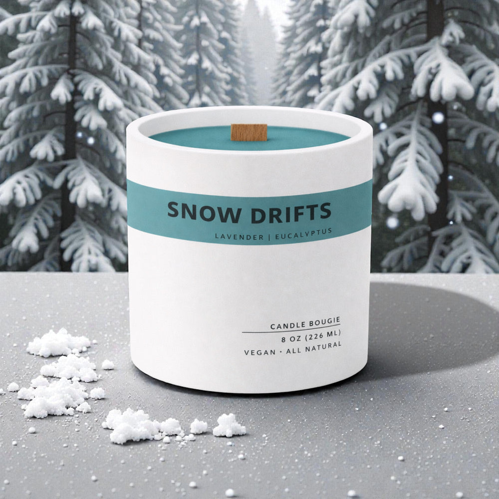 Candle labeled 'Snow Drifts' with a winter-themed background