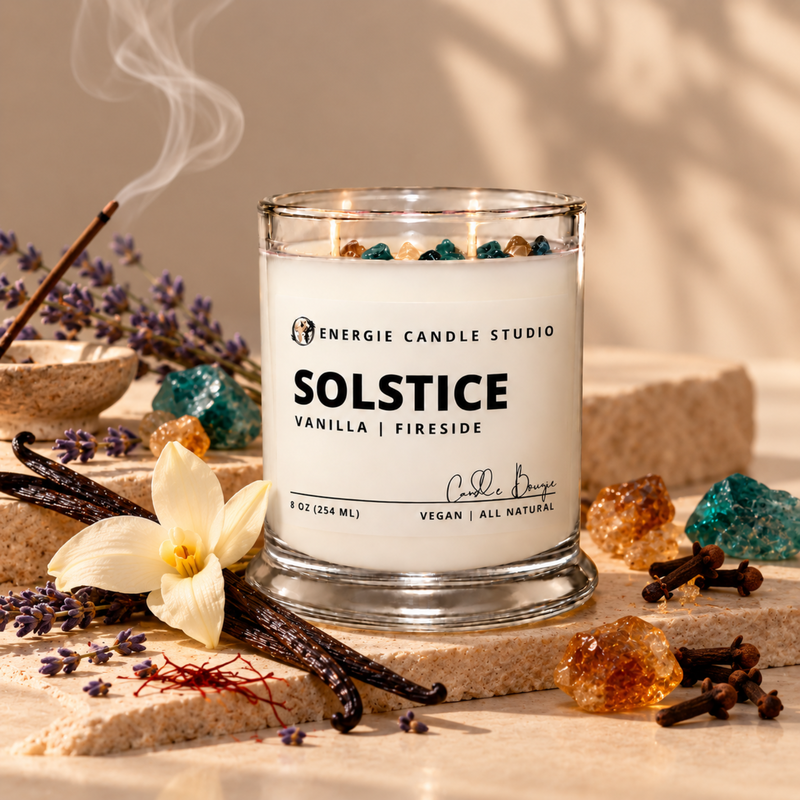 A glass jar candle labeled 'Solstice Vanilla | Fireside' by Energie Candle Studio, styled with vanilla beans, a white flower, crystals, and a burning incense stick on a warm beige surface.