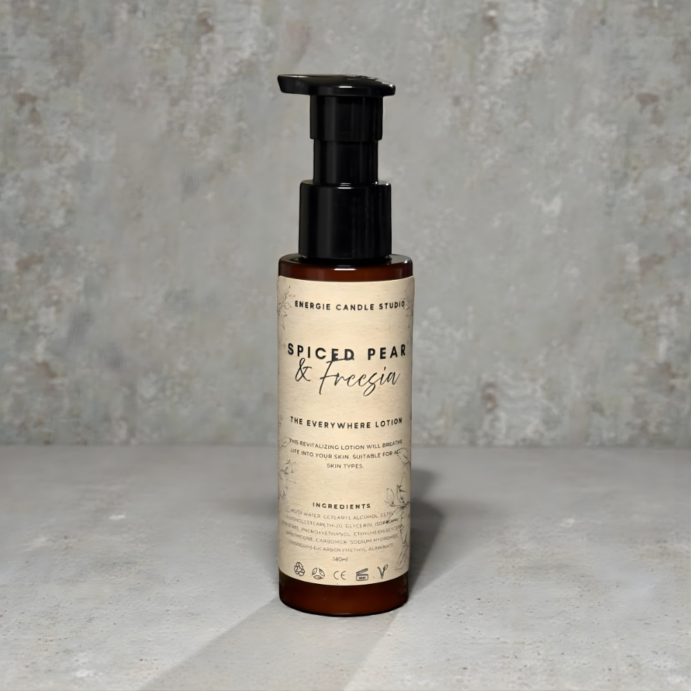 Lotion bottle with pump dispenser on a gray background