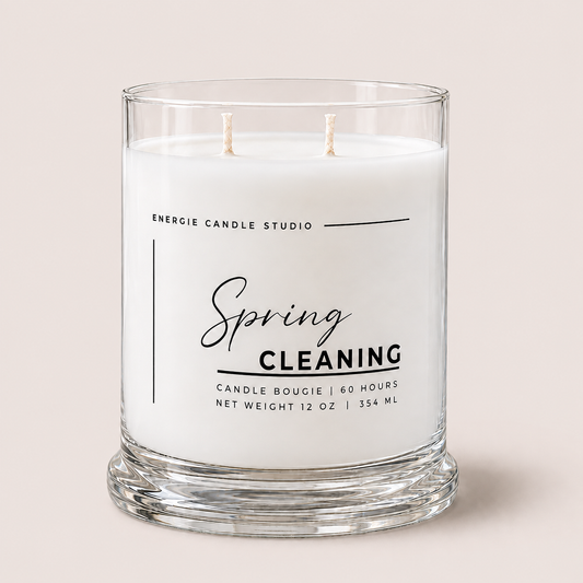 A two-wick glass jar candle labeled 'Spring Cleaning' by Energie Candle Studio, filled with white wax and set against a solid light beige background.
