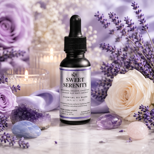 A small black dropper bottle labeled 'Sweet Serenity' essential oil blend stands on a marble surface surrounded by lavender flowers, crystals, and lit candles in a soft purple styled setting.