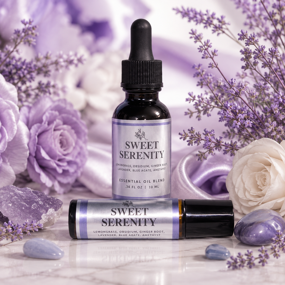 Sweet Serenity essential oil blend set with a dark glass dropper bottle and a matching roll-on tube, styled with lavender flowers, crystals, and purple stones on a light marble surface.