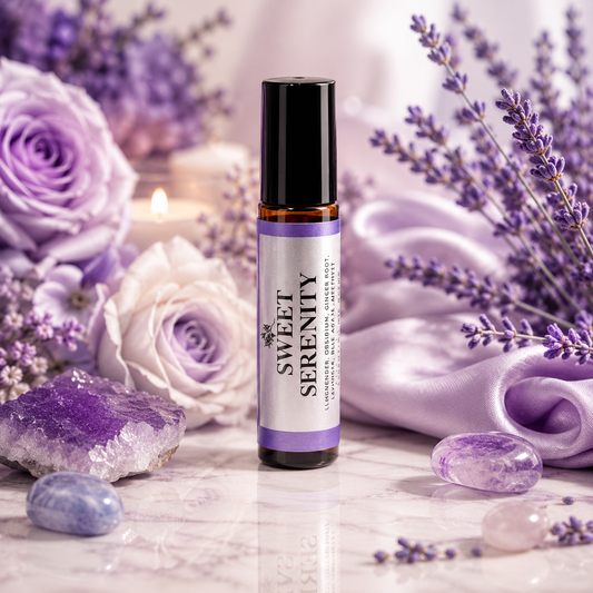 A roll-on bottle labeled 'Sweet Serenity' stands on a marble surface surrounded by lavender flowers, purple crystals, white roses, and soft purple fabric in a styled product scene.