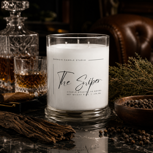 Candle labeled 'The Sniper' from Energie Candle Studio on a table with decorative items.
