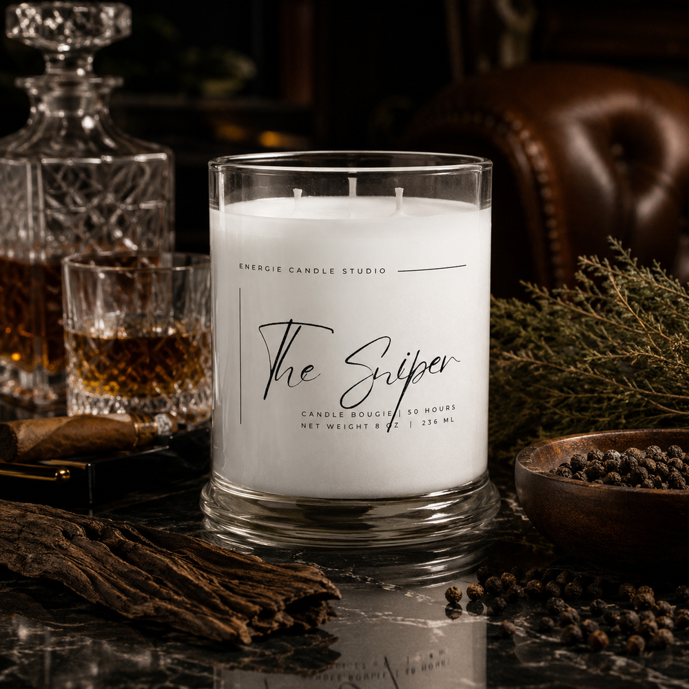 Candle labeled 'The Sniper' from Energie Candle Studio on a table with decorative items.
