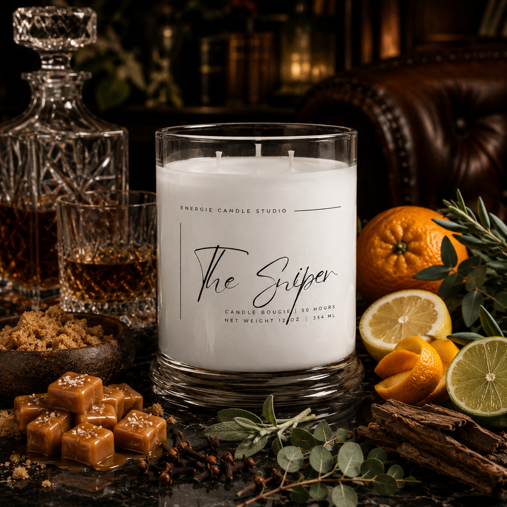 Candle labeled 'The Sniper' with oranges, lemons, and a decanter in a cozy setting.
