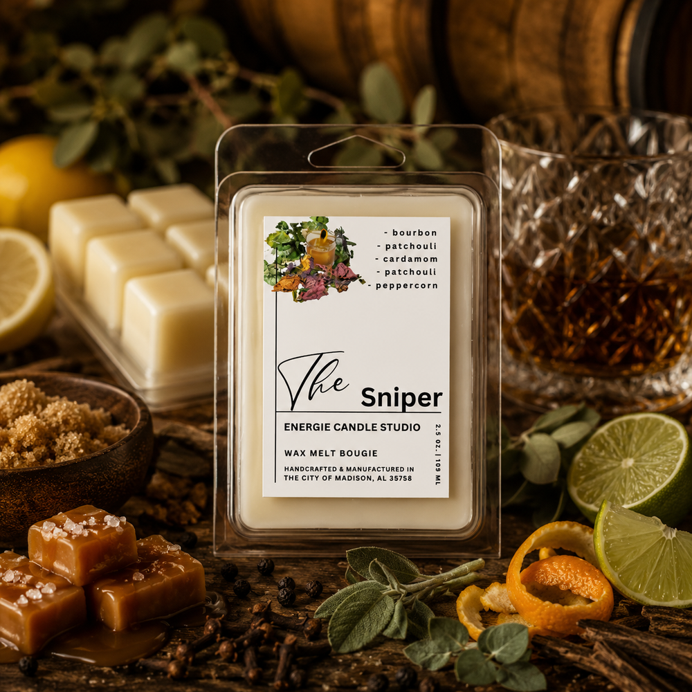 Wax melt packaging with 'The Sniper' label on a rustic background with candles and spices.