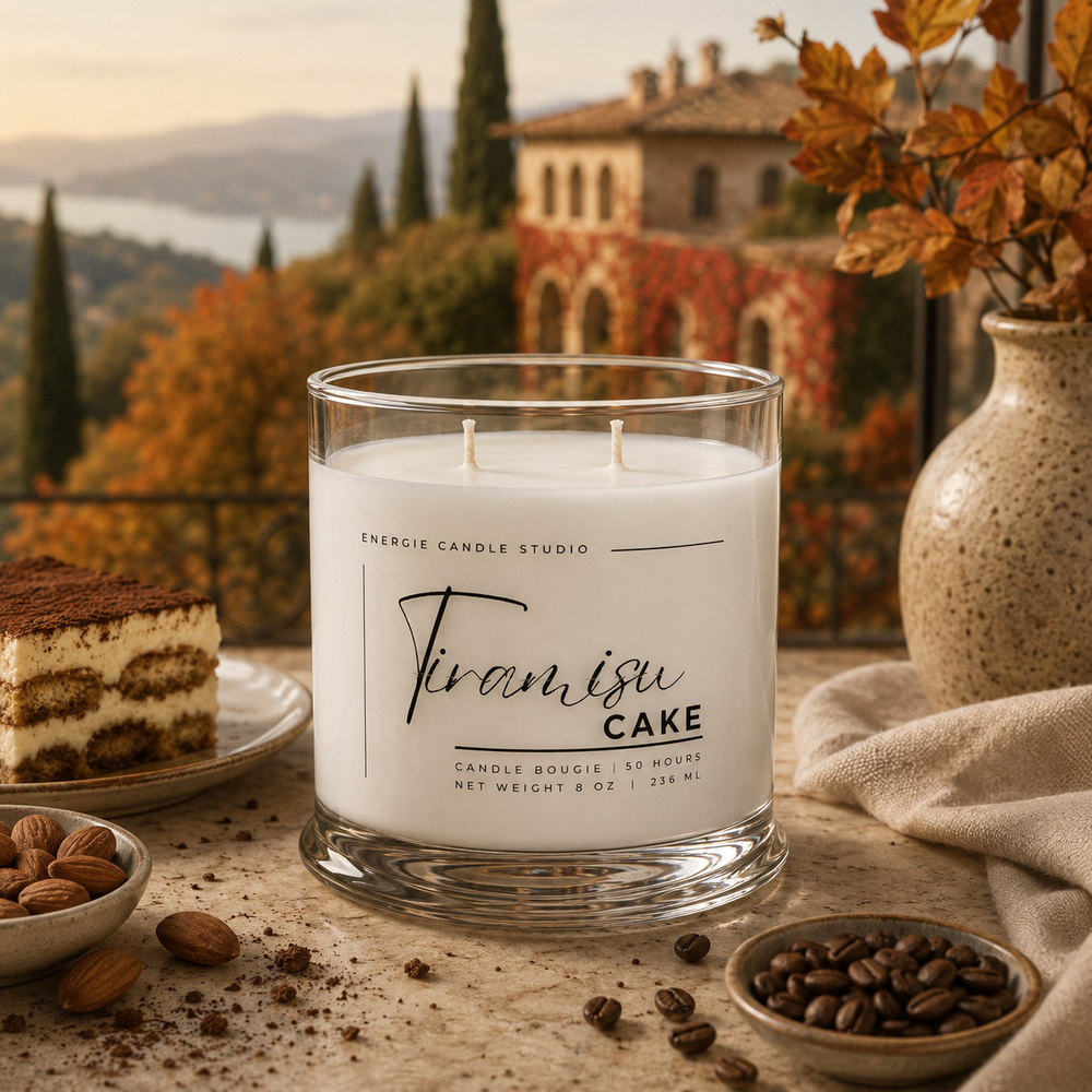 A two-wick candle in a clear glass jar labeled 'Tiramisu CAKE' by Energie Candle Studio, styled on a tabletop with coffee beans, almonds, a slice of tiramisu, and autumn foliage in the background.