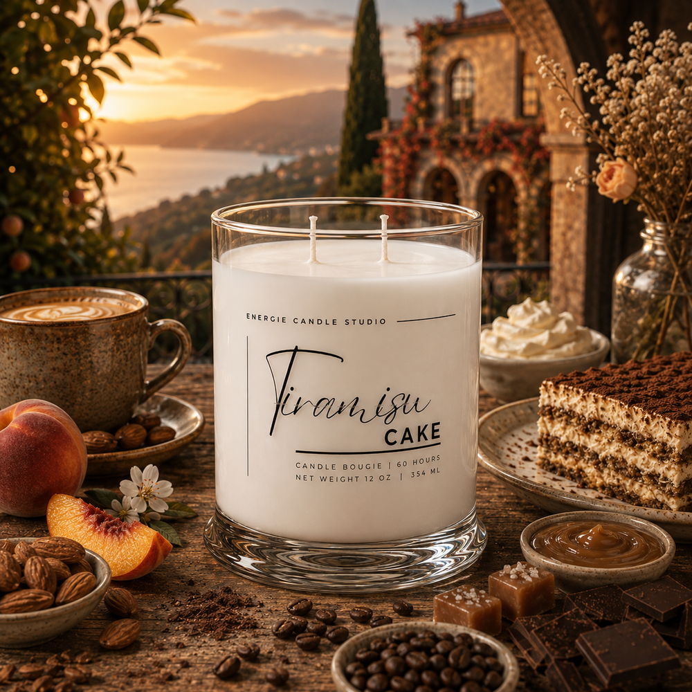 A double-wick candle in a clear glass jar labeled 'Tiramisu Cake' by Energie Candle Studio, styled on a rustic table with coffee, peaches, almonds, chocolate, and a slice of tiramisu, with a scenic sunset landscape in the background.