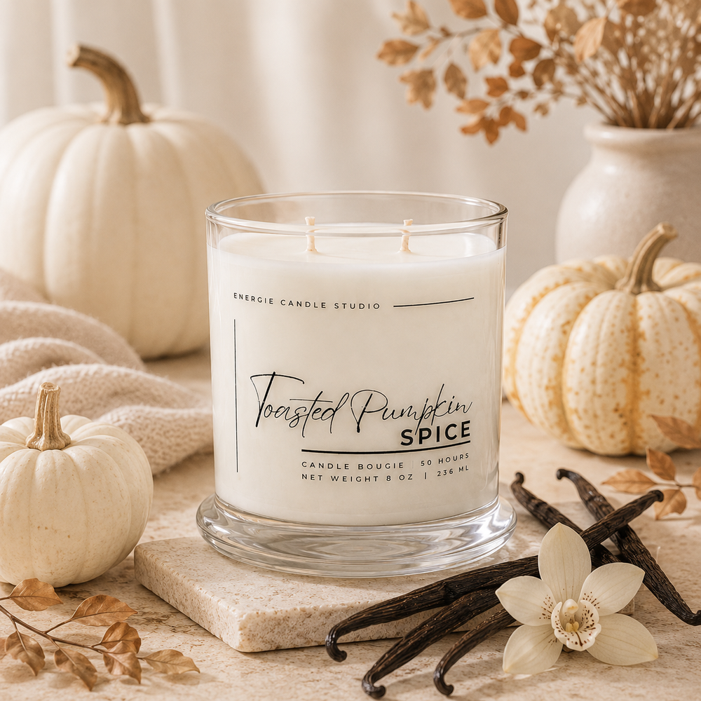 A double-wick candle in a clear glass jar labeled 'Toasted Pumpkin Spice' by Energetic Candle Studio, styled on a stone coaster with pumpkins, vanilla beans, and dried flowers in a warm autumn setting.