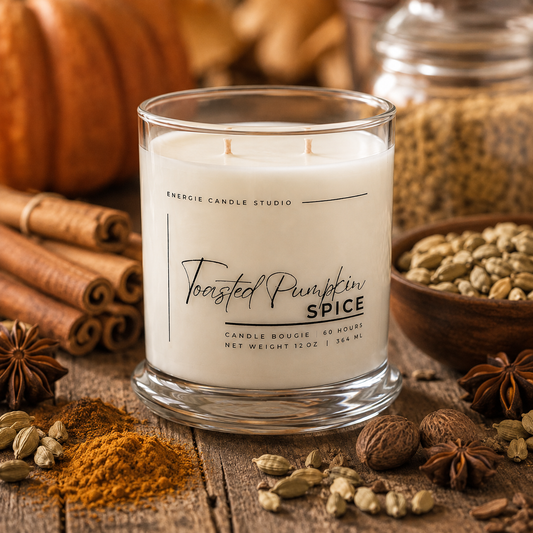 A clear glass jar candle labeled 'Toasted Pumpkin Spice' by Energie Candle Studio, filled with creamy white wax and styled on a rustic wooden surface with cinnamon sticks, star anise, cardamom, pumpkin, and spice powder in the background.
