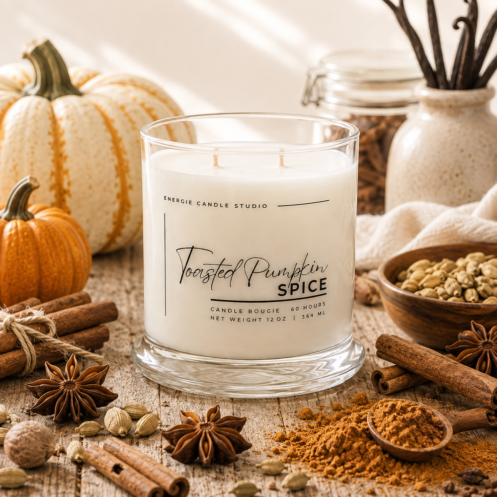 A clear glass jar candle labeled 'Toasted Pumpkin Spice' by Energie Candle Studio, styled on a rustic wooden surface with cinnamon sticks, star anise, spices, and pumpkins in the background.