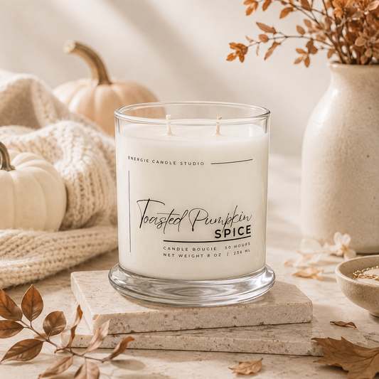 A double-wick candle in a clear glass jar labeled 'Toasted Pumpkin Spice' by Enchanted Candle Studio, styled on stacked stone blocks with pumpkins, a knitted blanket, dried leaves, and a ceramic vase in a warm autumn setting.