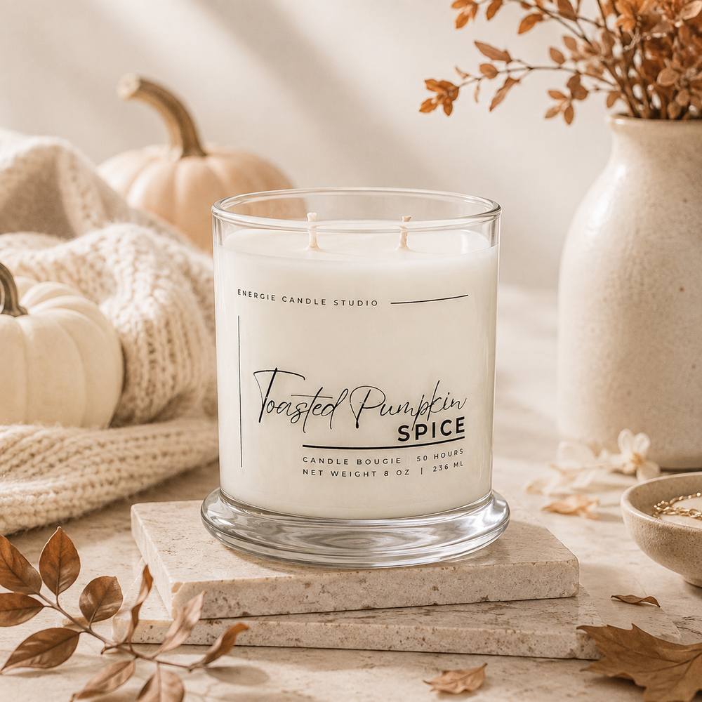 A double-wick candle in a clear glass jar labeled 'Toasted Pumpkin Spice' by Enchanted Candle Studio, styled on stacked stone blocks with pumpkins, a knitted blanket, dried leaves, and a ceramic vase in a warm autumn setting.