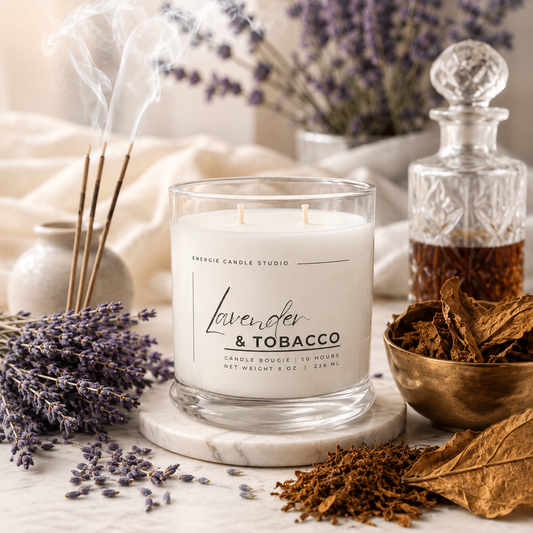 A glass jar candle labeled 'Lavender & Tobacco' by Energy Candle Studio, styled on a marble coaster with dried lavender, incense sticks, a gold bowl of dried botanicals, and a glass decanter in a warm, softly lit setting.