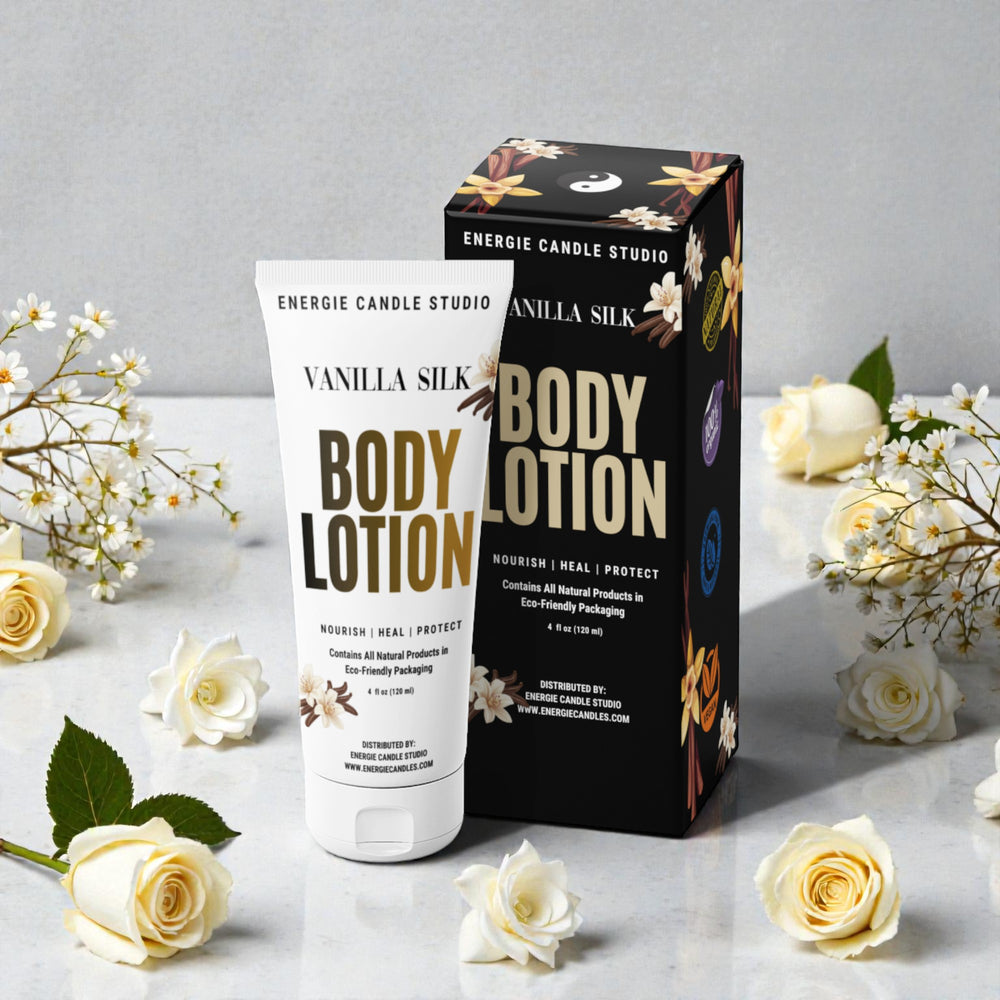 Vanilla Silk body lotion with packaging on a gray background with flowers