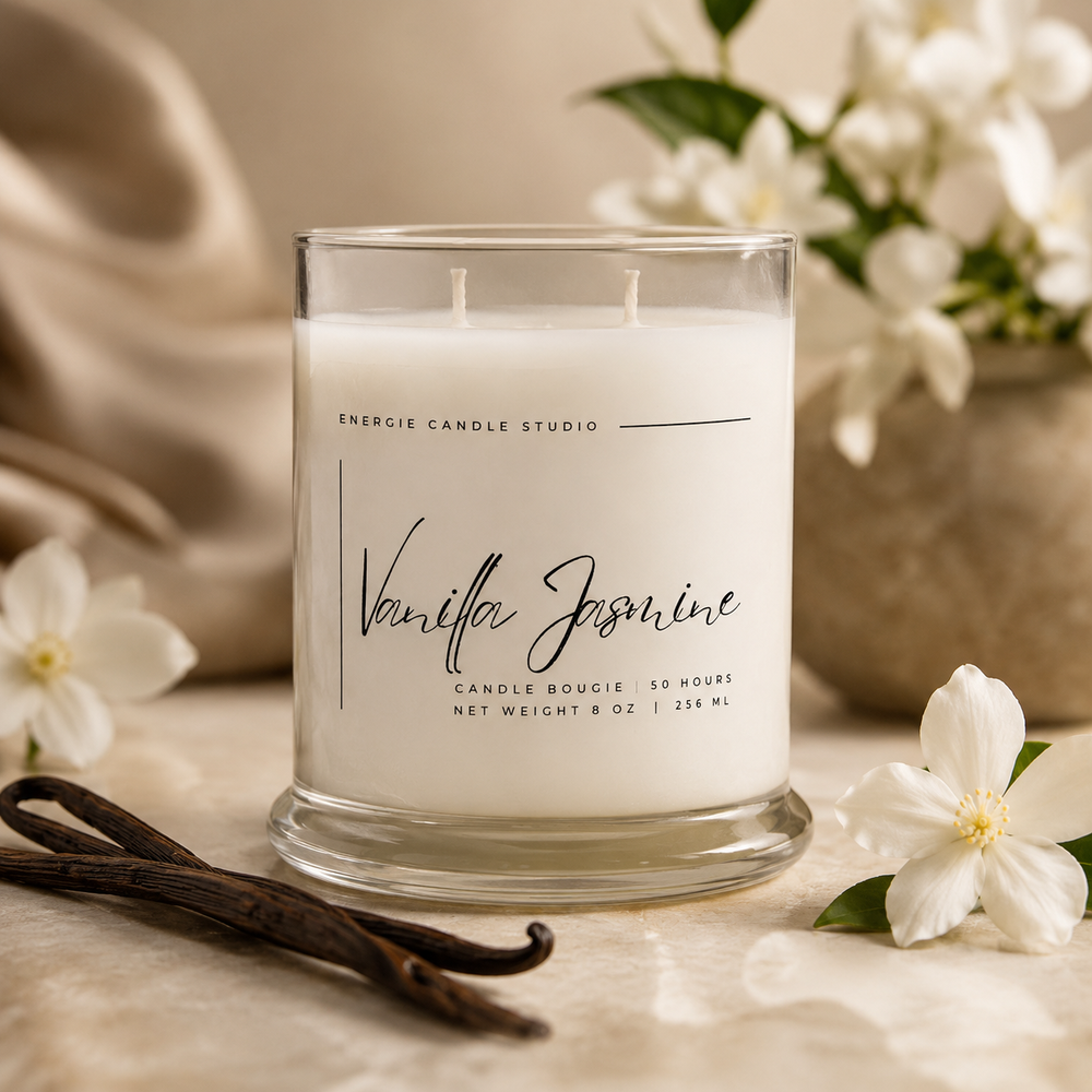 Vanilla Jasmine candle from Energie Candle Studio with vanilla beans and flowers on a neutral background
