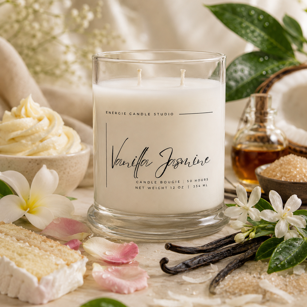 Vanilla Jasmine candle with vanilla beans, flowers, and coconut in the background
