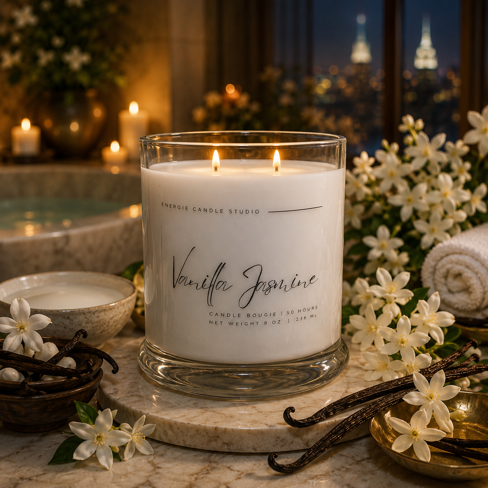 Vanilla Jasmine candle with flowers and vanilla beans on a marble surface at night.