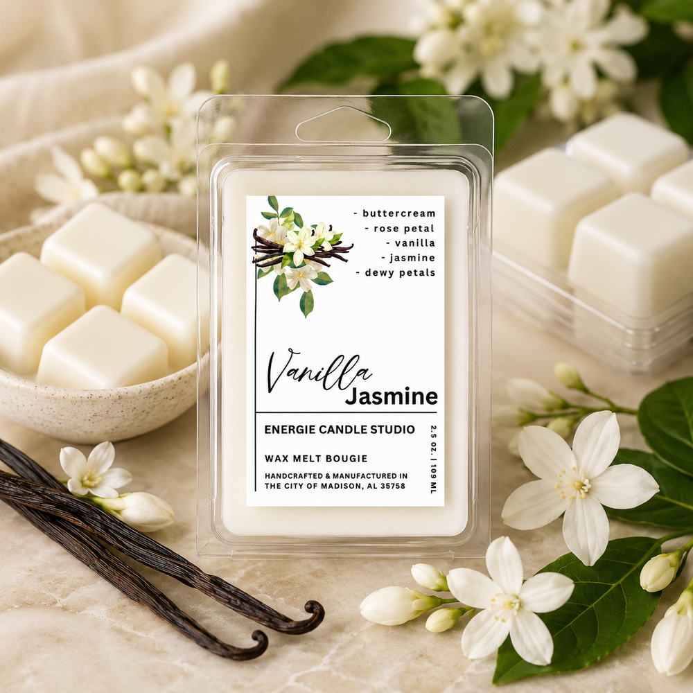 Vanilla Jasmine wax melt packaging with flowers and vanilla beans on a light background
