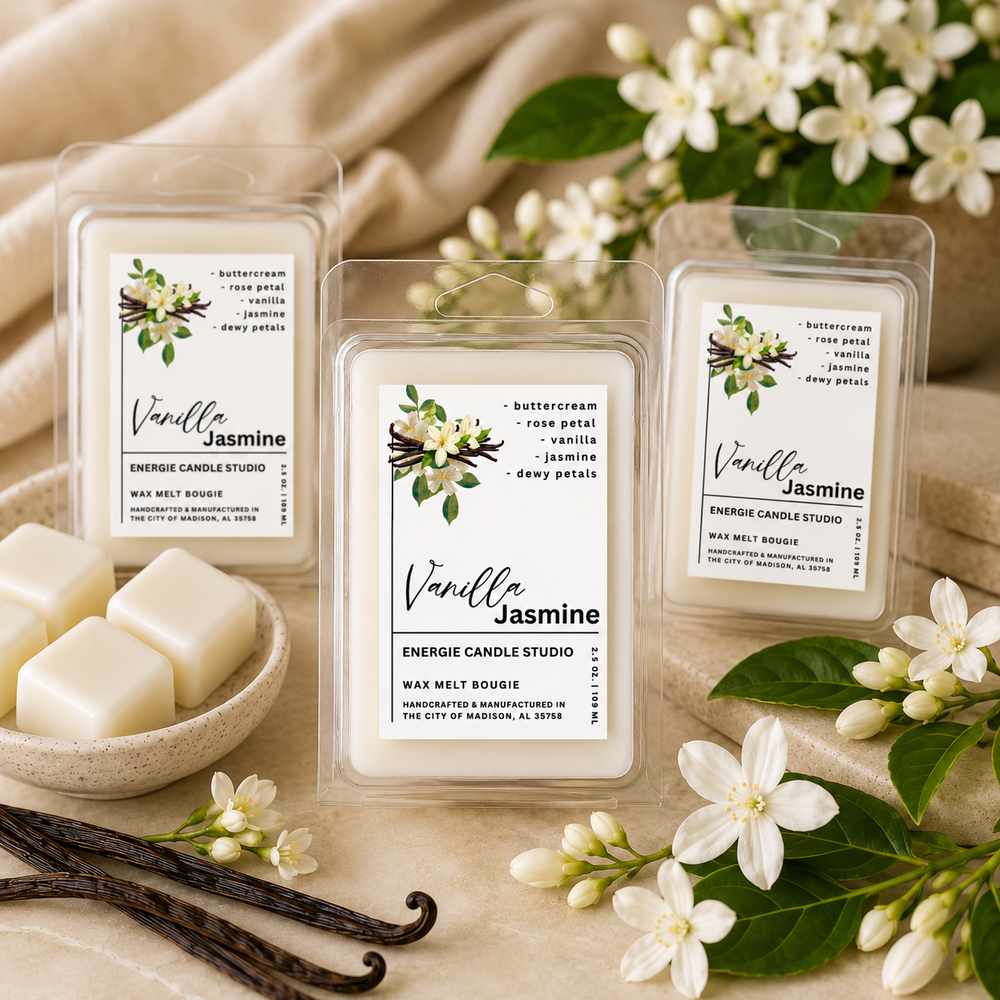 Vanilla Jasmine wax melts from Energie Candle Studio with flowers and vanilla beans on a beige background