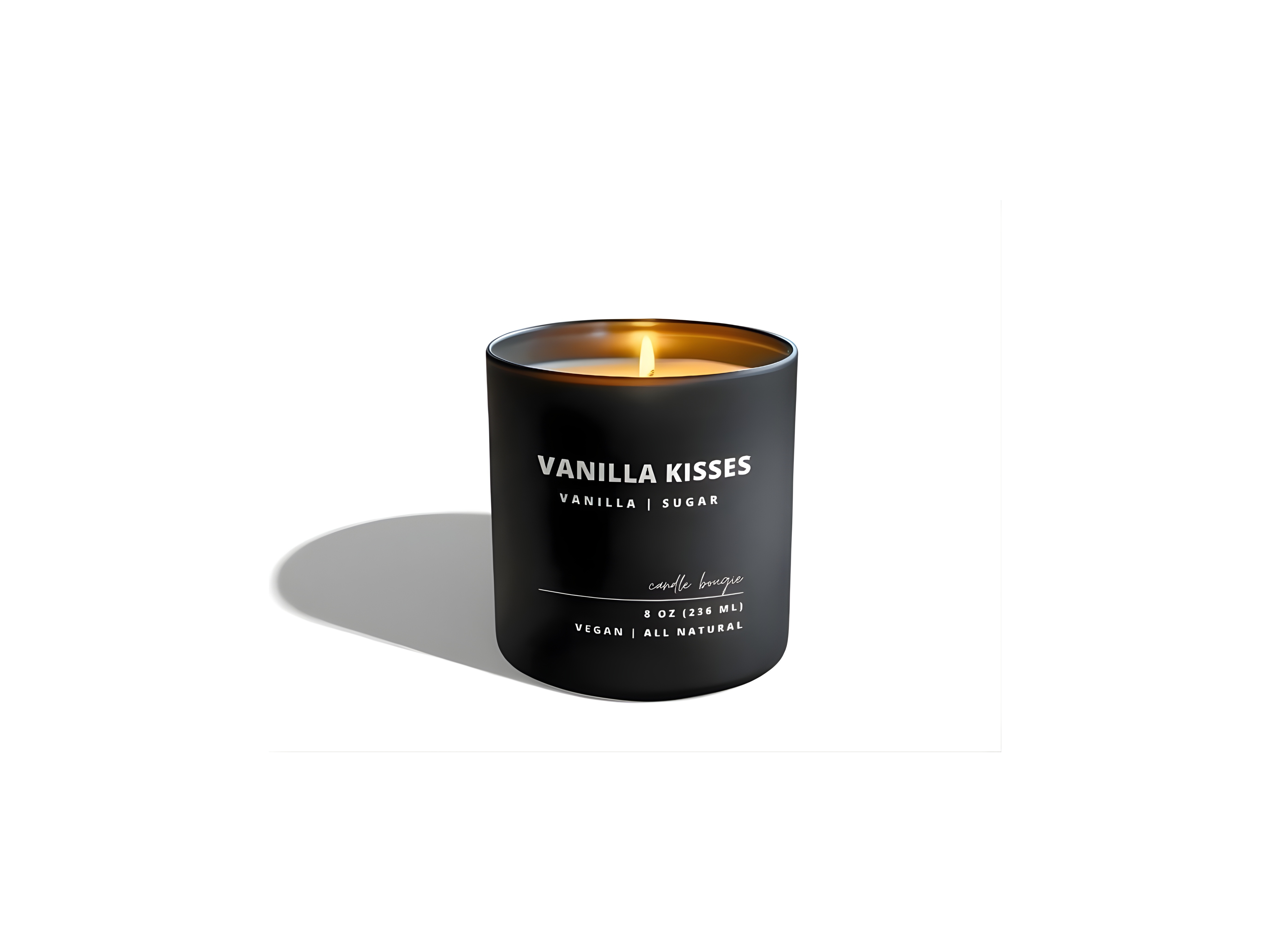 Vanilla Kisses candle with a black container on a white background