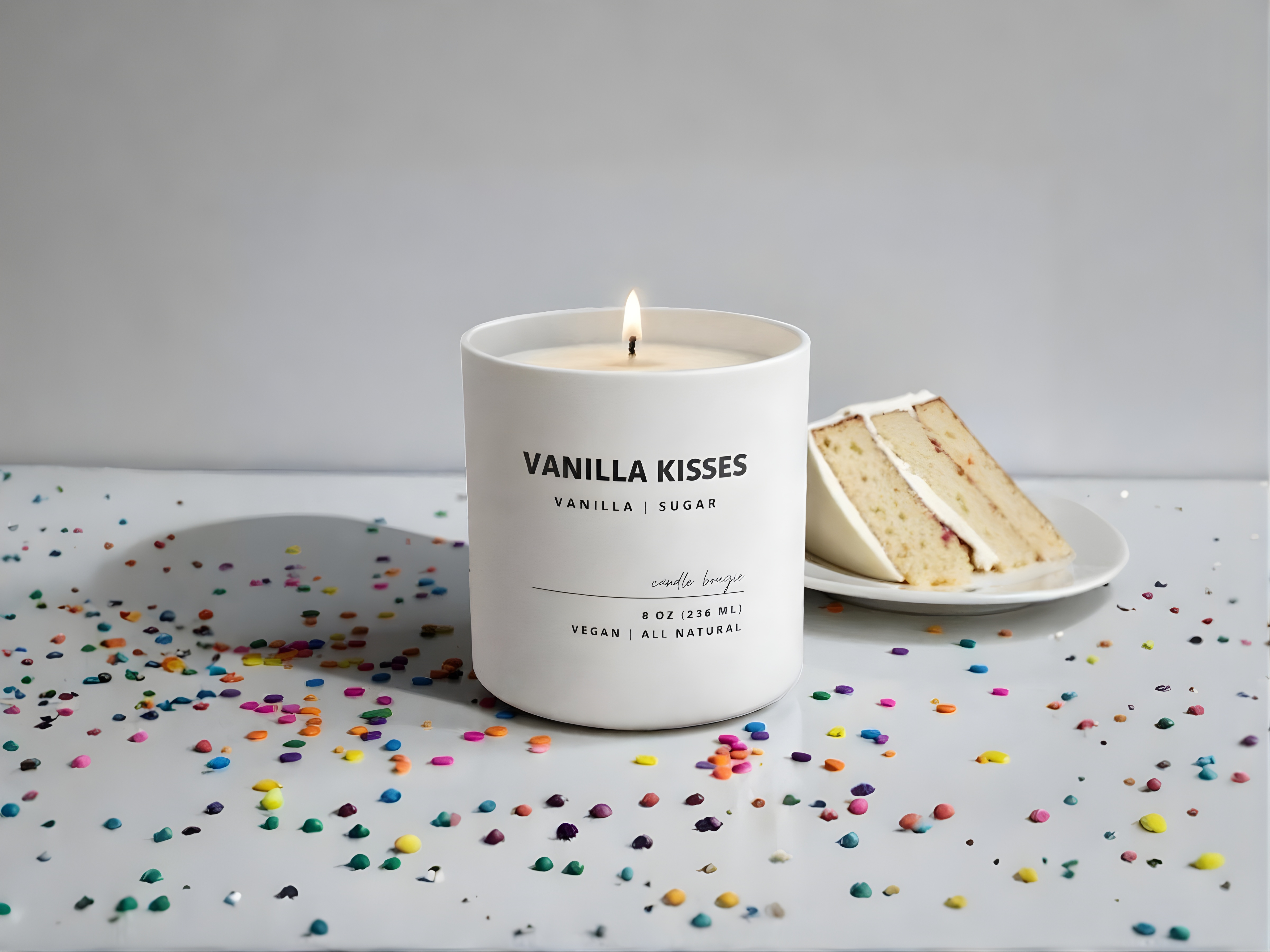 Vanilla scented candle labeled 'Vanilla Kisses' with a slice of cake and sprinkles on a table.