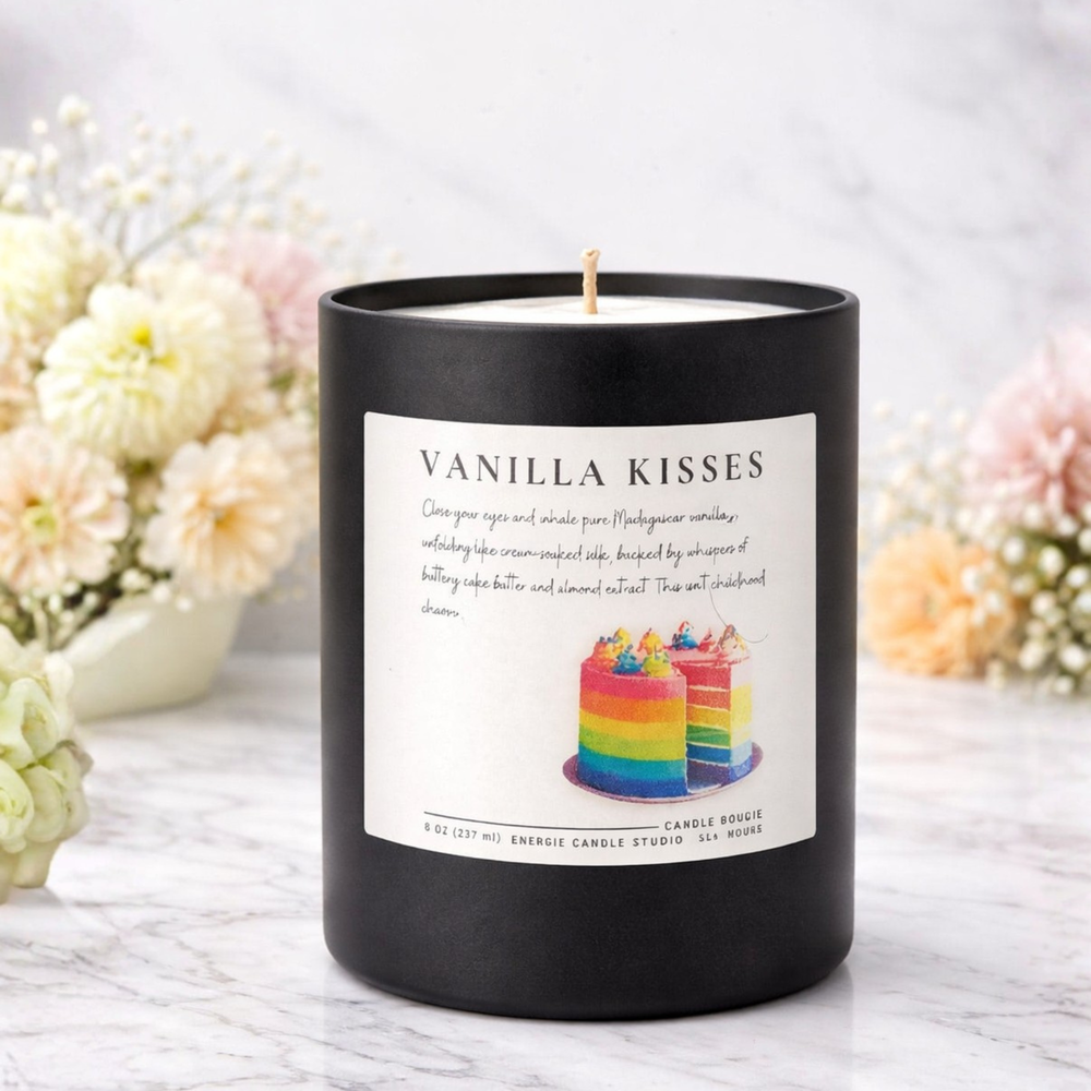 Vanilla Kisses candle with a colorful cake illustration on a white background