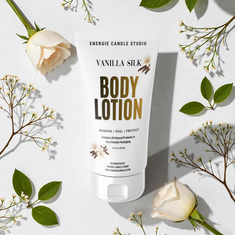 Vanilla Silk body lotion with roses and greenery on a light background