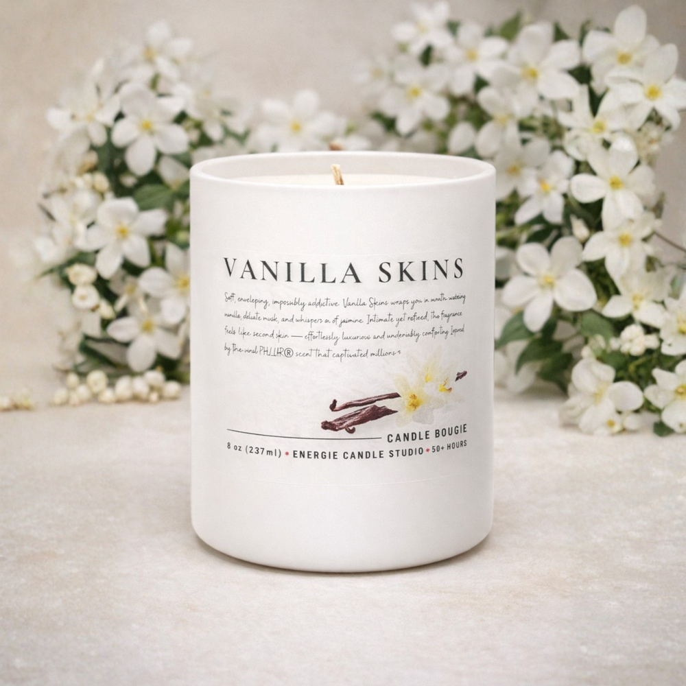 Vanilla Skins candle with floral background