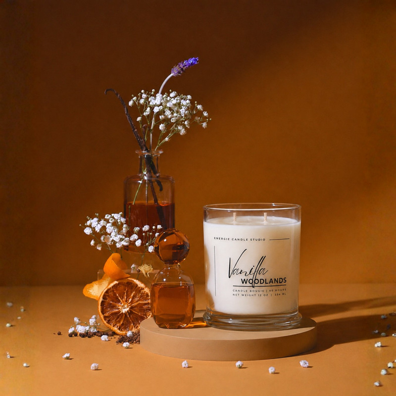 A lit scented candle in a clear glass jar sits on a round pedestal, styled with amber liquid in a small bottle, baby's breath flowers, and dried orange slices against a warm brown background. The candle label reads 'Vanilla Woodlands' and 'Serenado Candle Studio'.