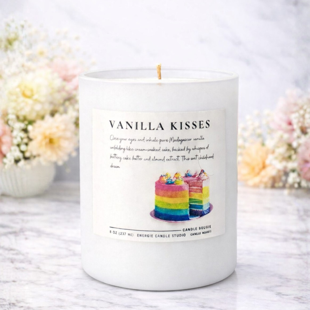 Vanilla Kisses candle with floral background