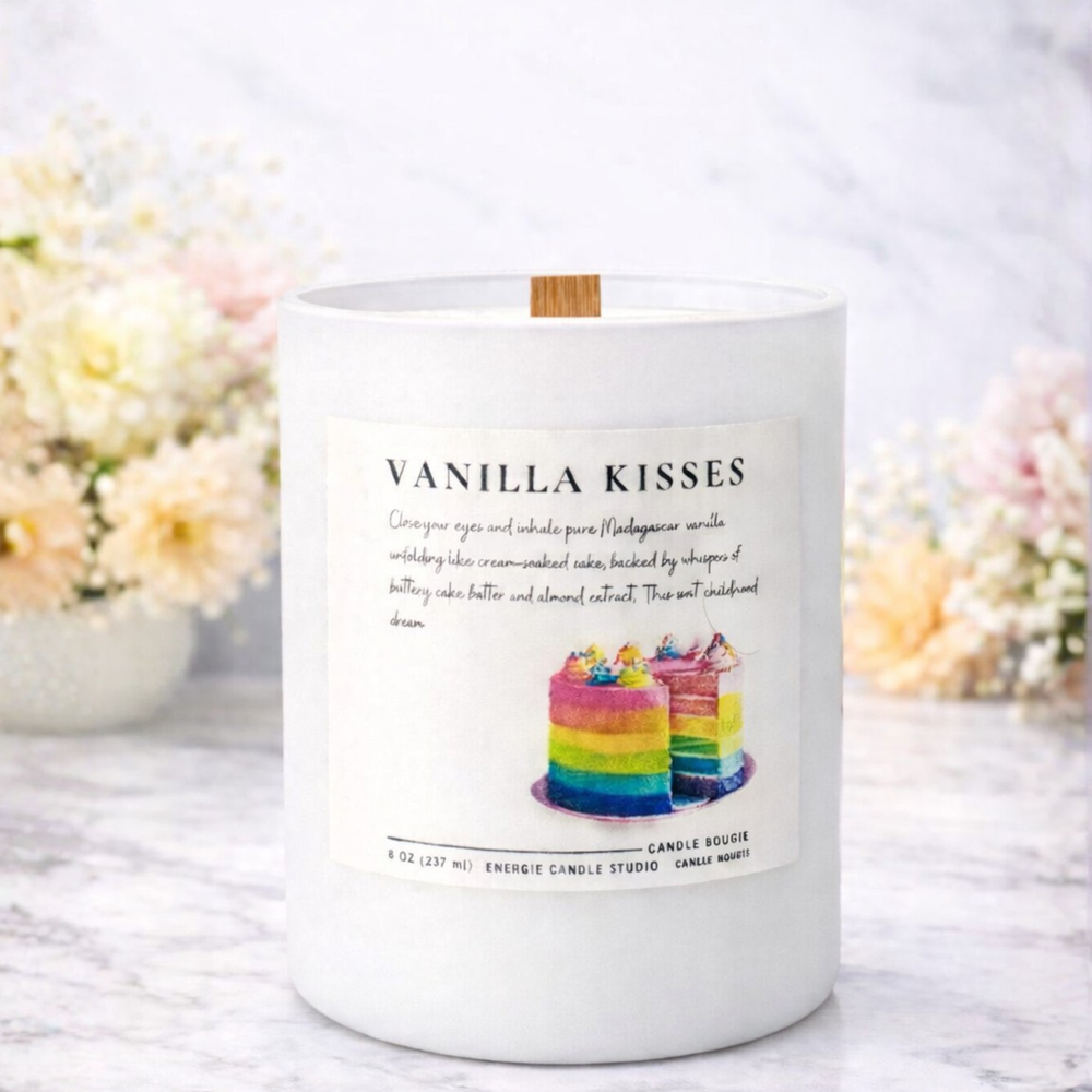 Vanilla Kisses candle with a cake illustration on a white background