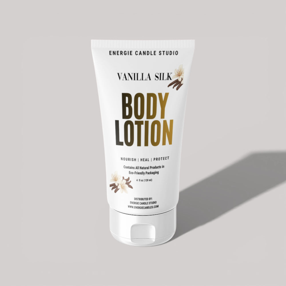 Vanilla Silk body lotion from Energie Candle Studio on a light gray background