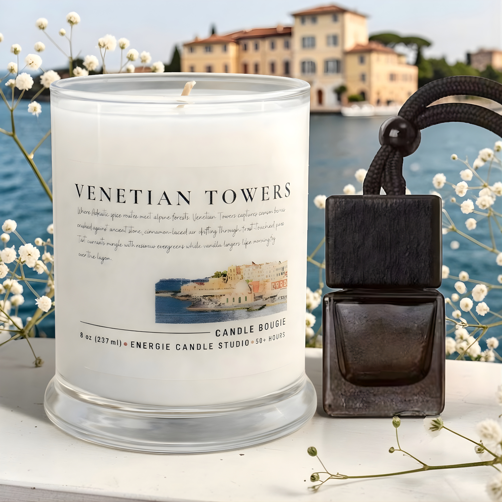 Candle labeled 'Venetian Towers' with a perfume bottle on a scenic background