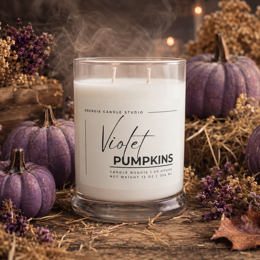 A white scented candle in a clear glass jar labeled 'Violet Pumpkins' by Energy Candle Studio, styled on a rustic wooden surface with dried flowers, straw, and purple pumpkins in the background.