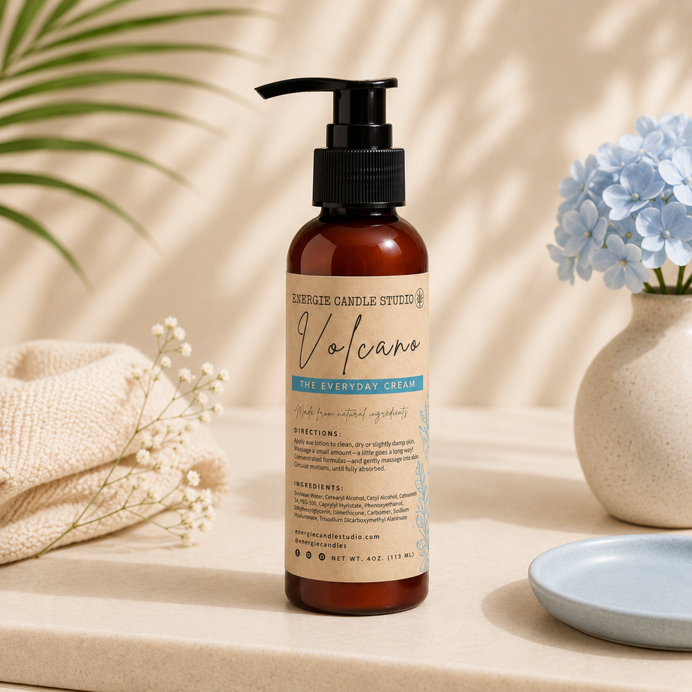 Bottle of 'Everyday Cream' with decorative elements on a neutral background