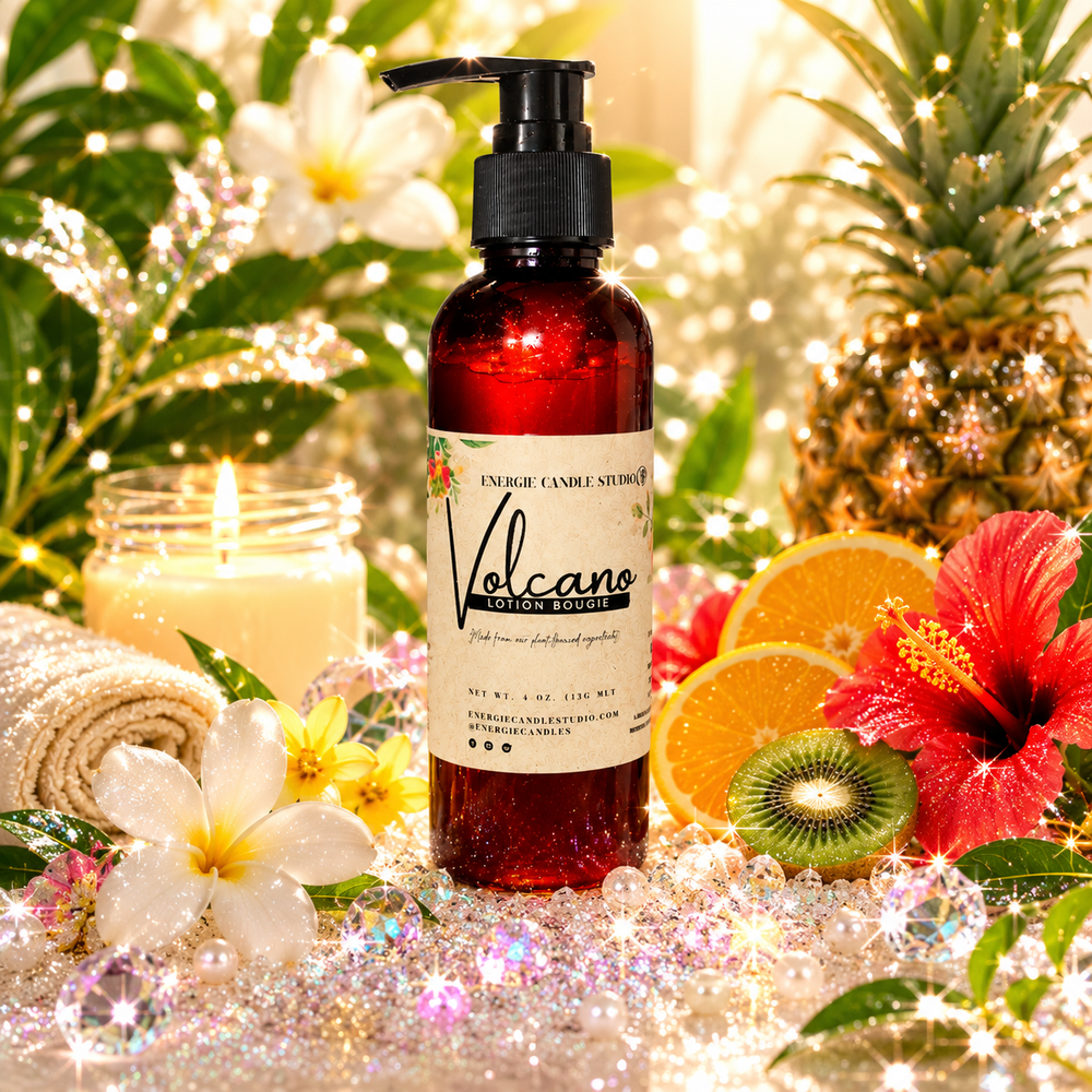 Bottle of Volcano lotion surrounded by tropical fruits and flowers with a festive background