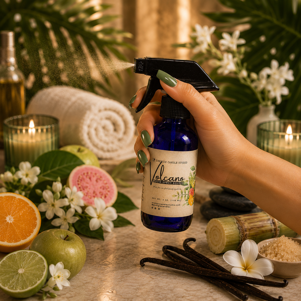 Hand holding a blue spray bottle labeled 'Volcano' with a spa-like setting in the background.