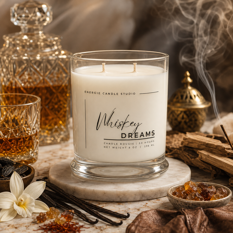 A double-wick candle in a clear glass jar labeled 'Whiskey Dreams' by Energie Candle Studio, styled on a marble coaster with whiskey, vanilla beans, amber resin, and warm rustic props in the background.