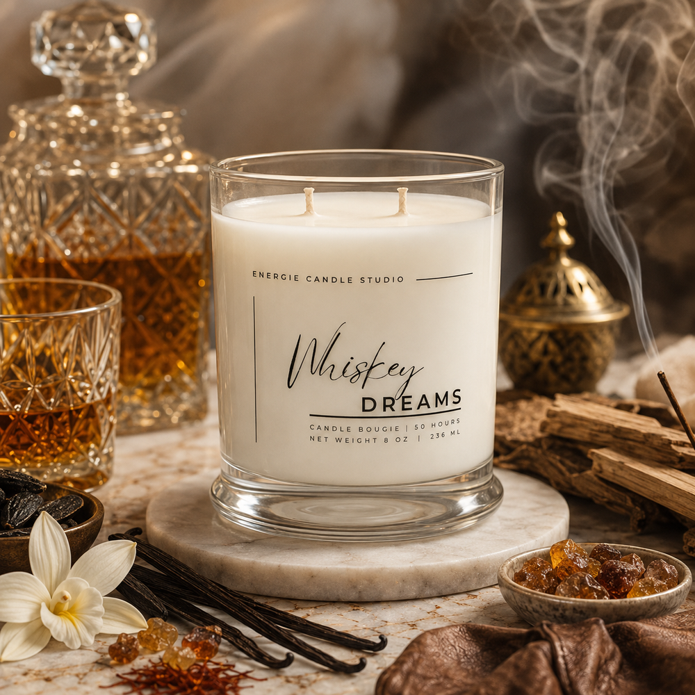 A double-wick candle in a clear glass jar labeled 'Whiskey Dreams' by Energie Candle Studio, styled on a marble coaster with whiskey, vanilla beans, amber resin, and warm rustic props in the background.