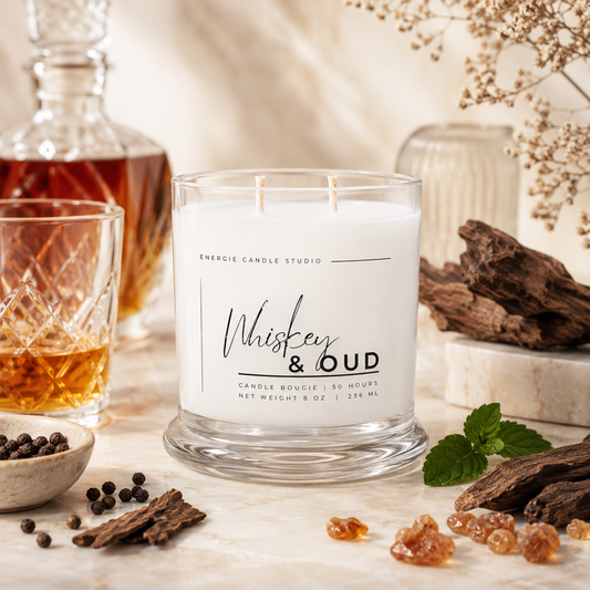 A white scented candle in a clear glass jar labeled 'Whiskey & Oud' by Energie Candle Studio, styled on a marble surface with whiskey glassware, spices, bark, and dried florals.