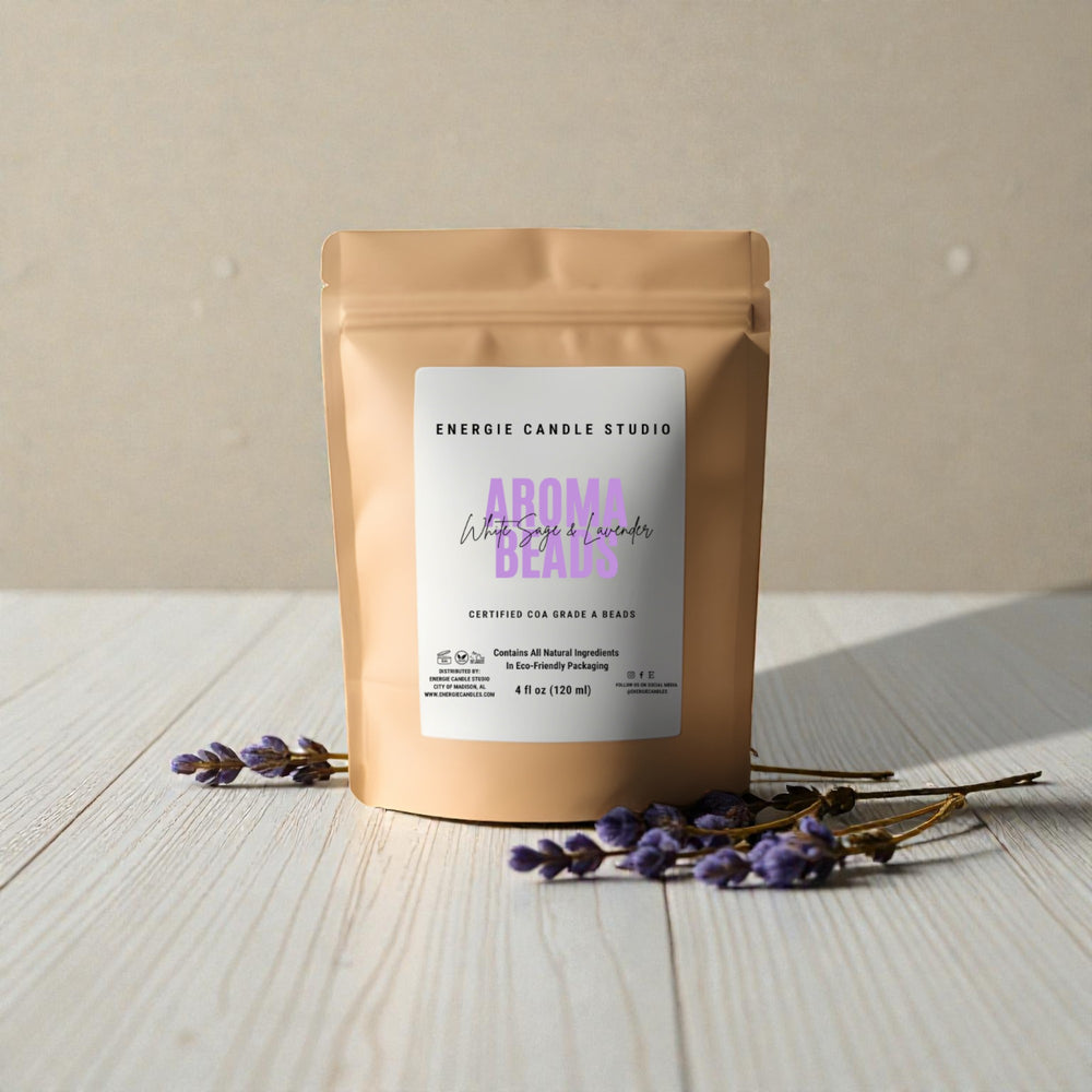 Bag of Energie Candle Studio aroma beads with lavender on a wooden surface